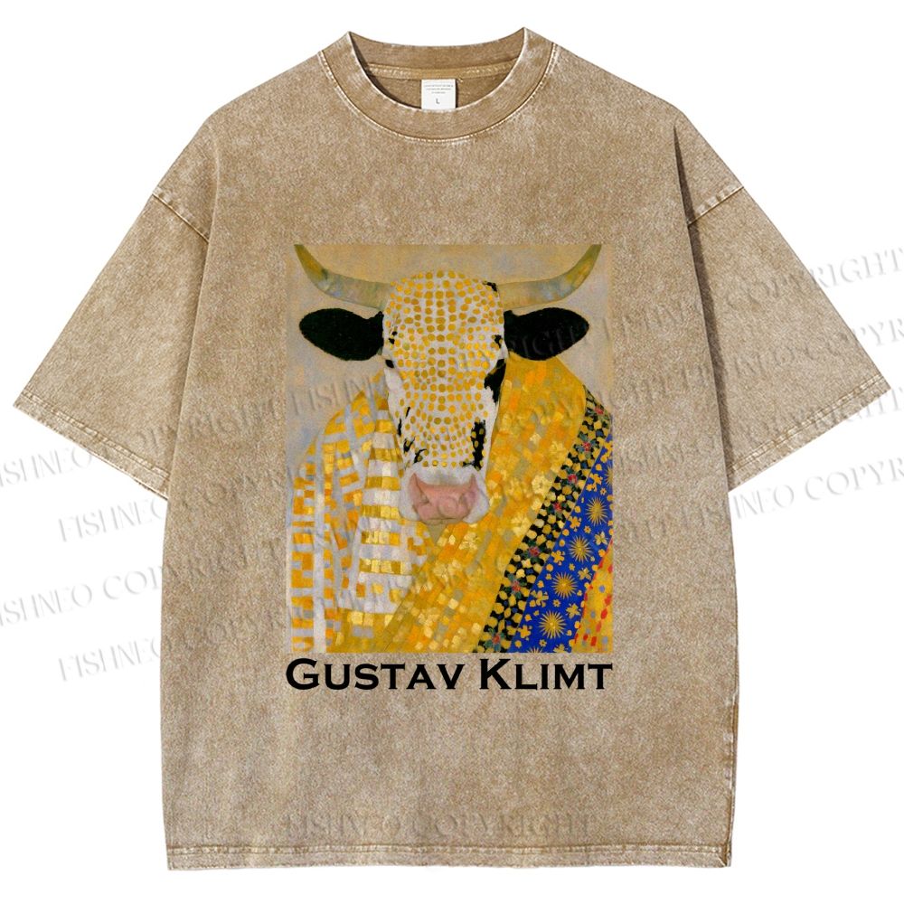 Unisex Ox in Klimt Art Style Printed Washed Tee