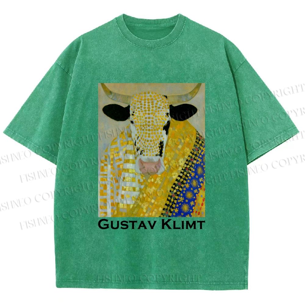Unisex Ox in Klimt Art Style Printed Washed Tee
