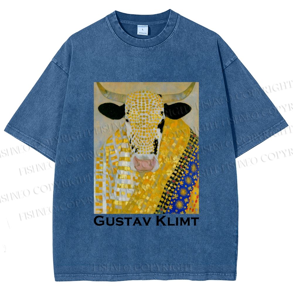 Unisex Ox in Klimt Art Style Printed Washed Tee