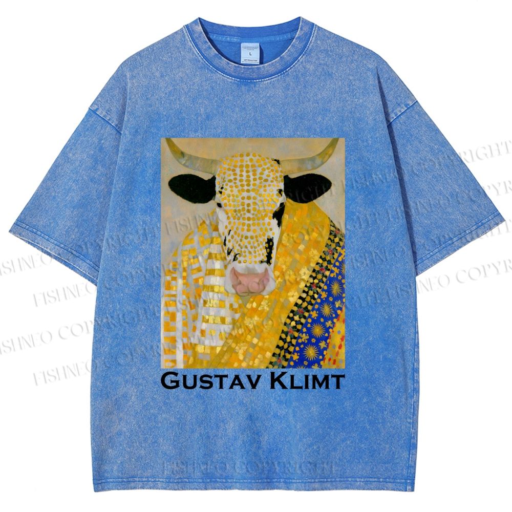 Unisex Ox in Klimt Art Style Printed Washed Tee