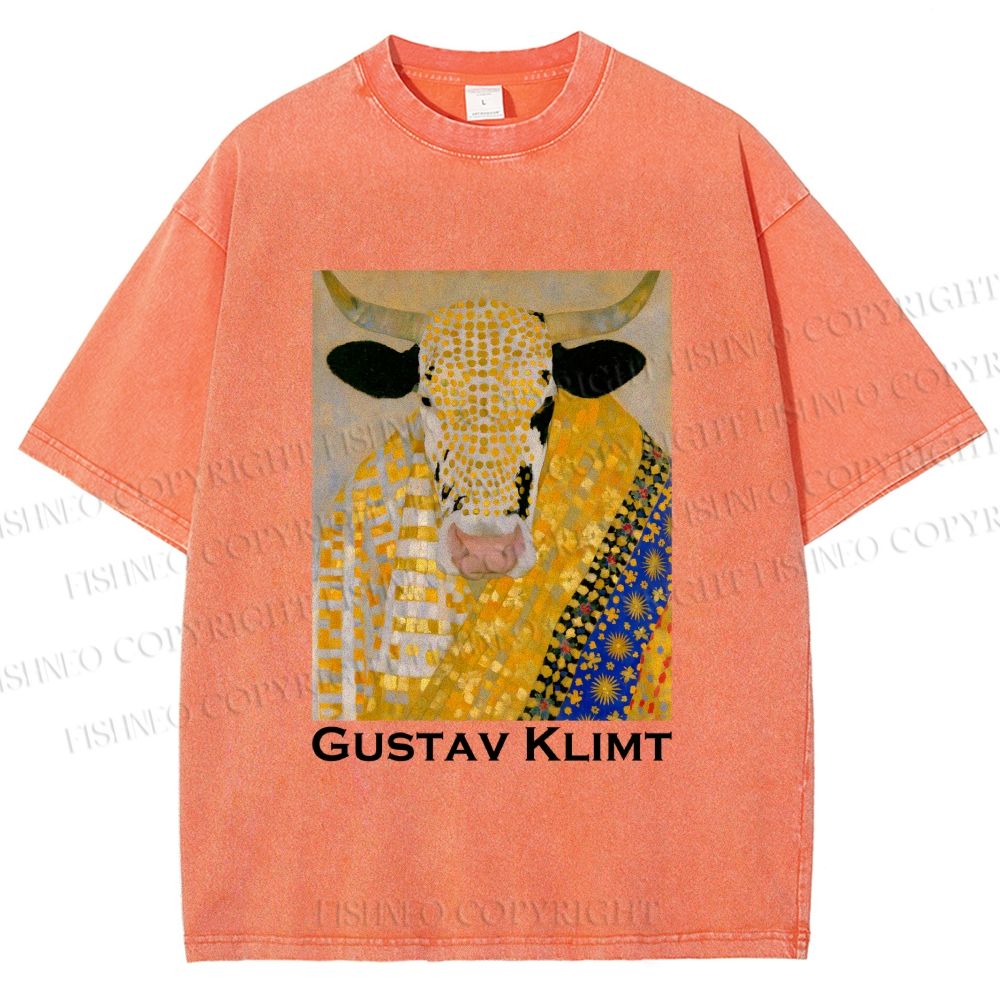 Unisex Ox in Klimt Art Style Printed Washed Tee