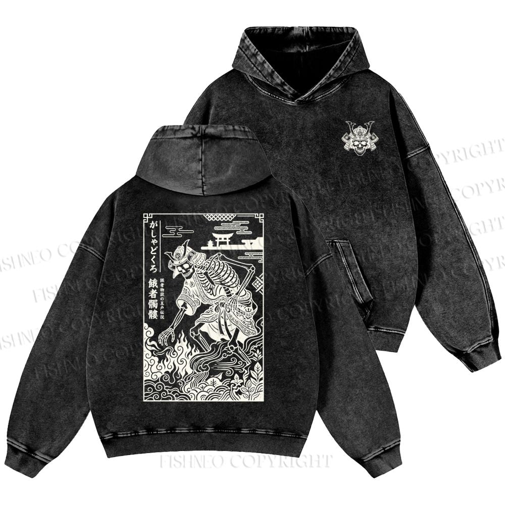 Unisex Casual Gashadokuro Ukiyo-e Skeleton Samurai Printed Double-sided Washed Hoodie