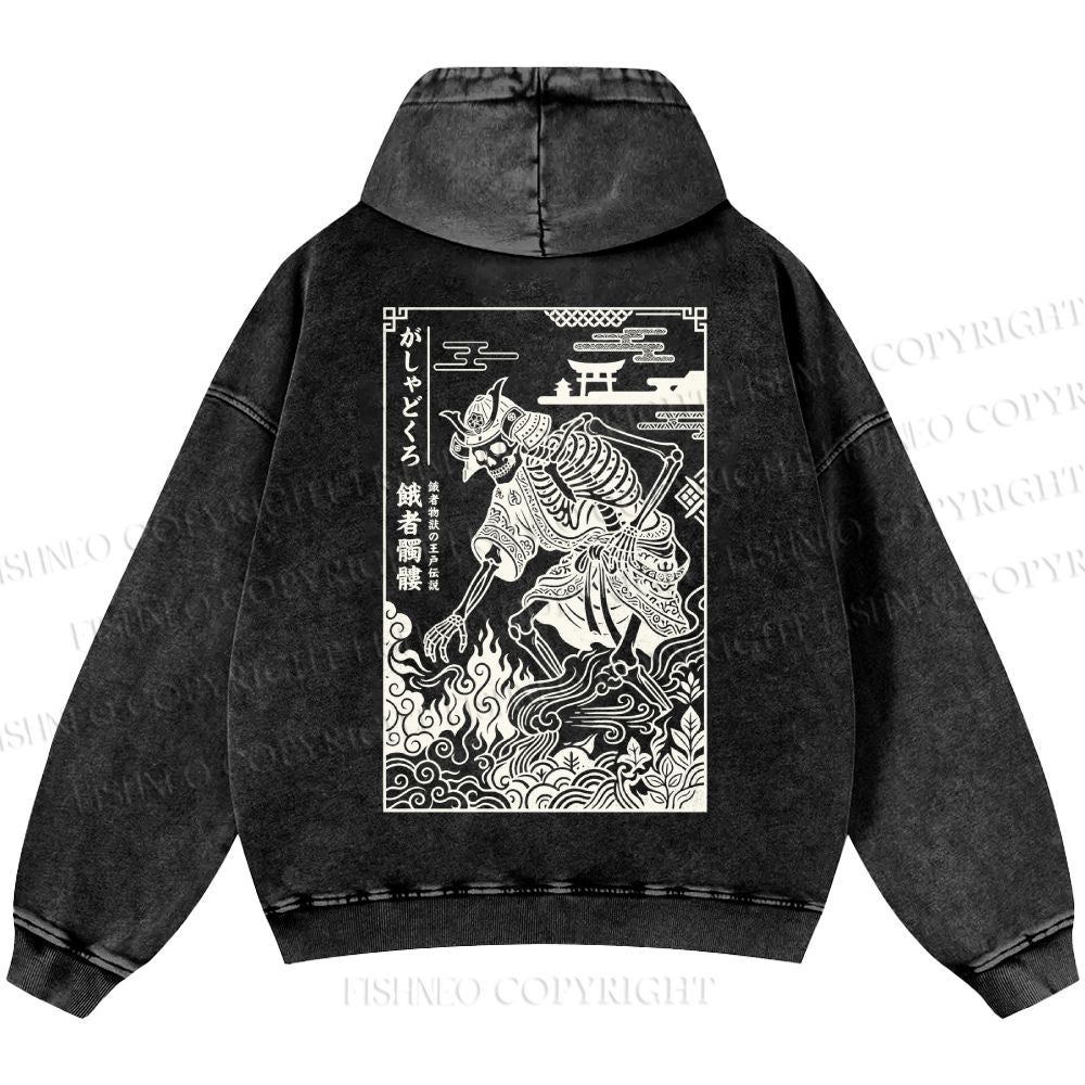 Unisex Casual Gashadokuro Ukiyo-e Skeleton Samurai Printed Double-sided Washed Hoodie