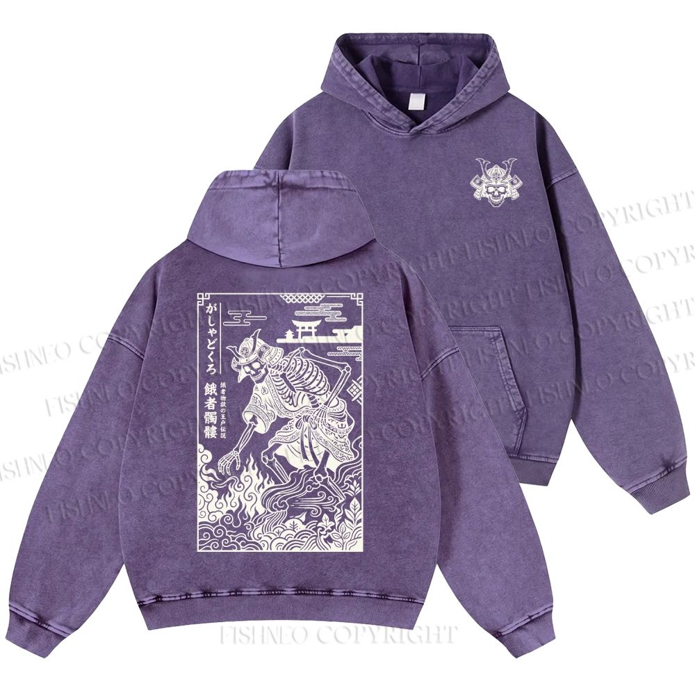 Unisex Casual Gashadokuro Ukiyo-e Skeleton Samurai Printed Double-sided Washed Hoodie