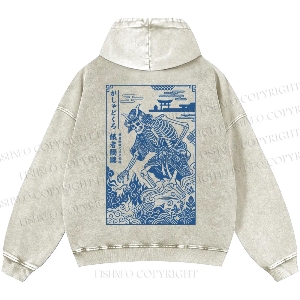 Unisex Casual Gashadokuro Ukiyo-e Skeleton Samurai Printed Double-sided Washed Hoodie