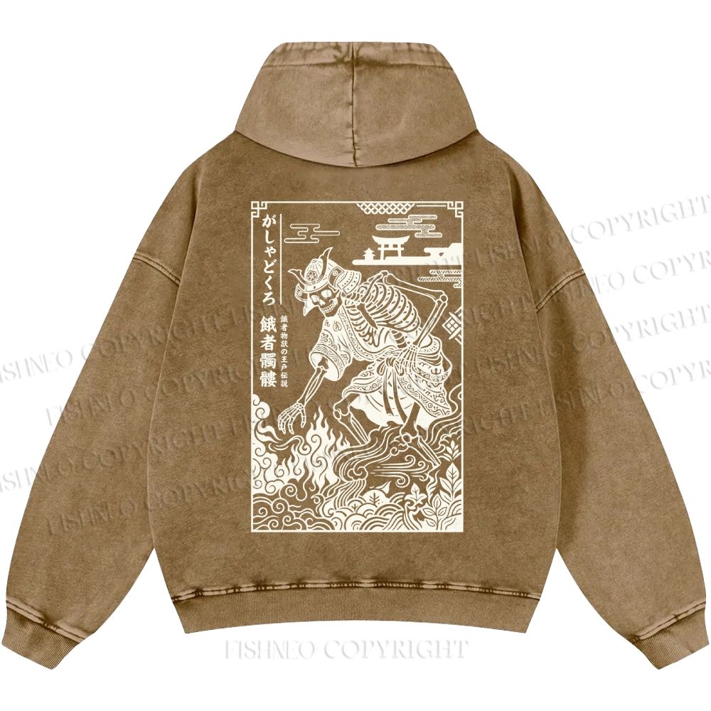 Unisex Casual Gashadokuro Ukiyo-e Skeleton Samurai Printed Double-sided Washed Hoodie