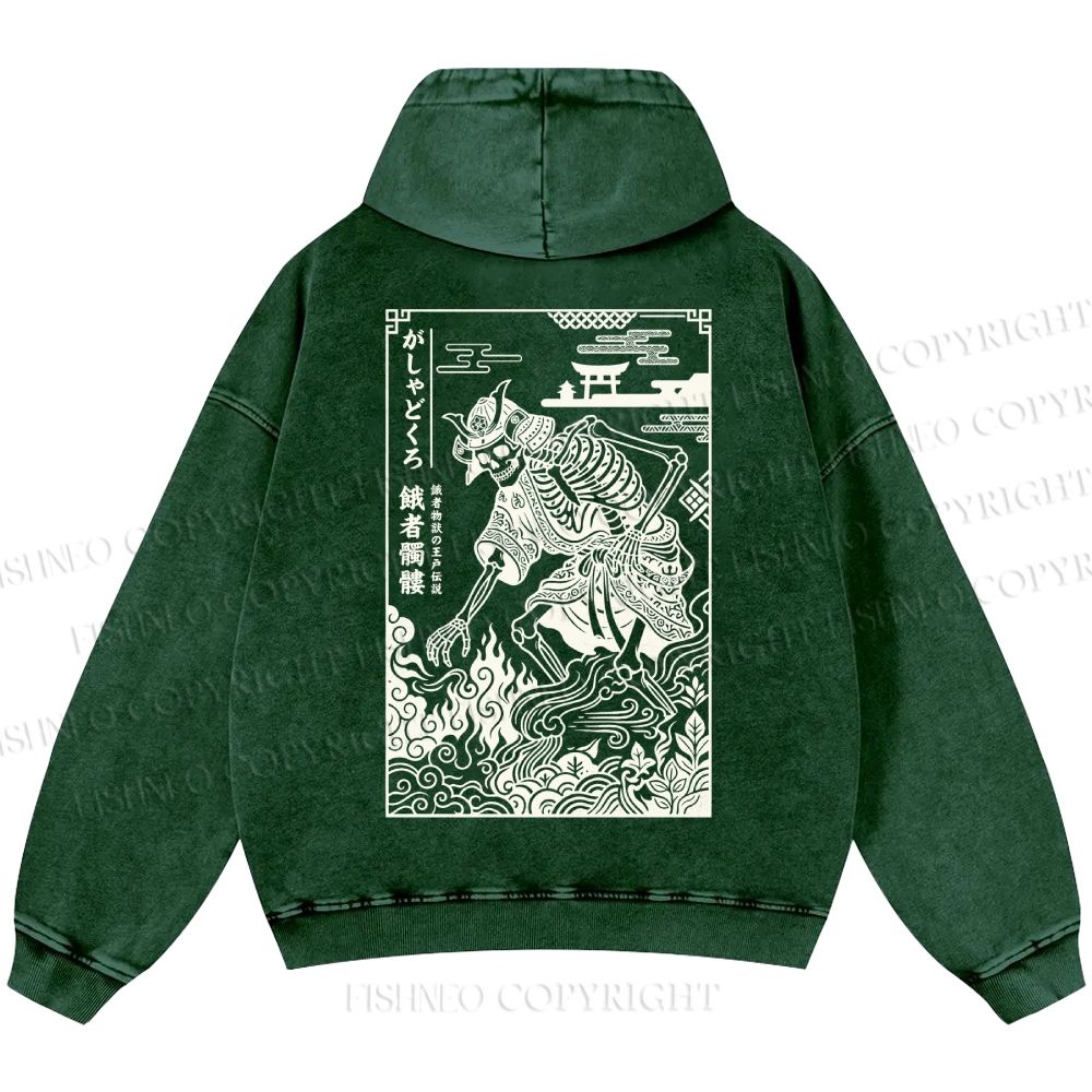 Unisex Casual Gashadokuro Ukiyo-e Skeleton Samurai Printed Double-sided Washed Hoodie