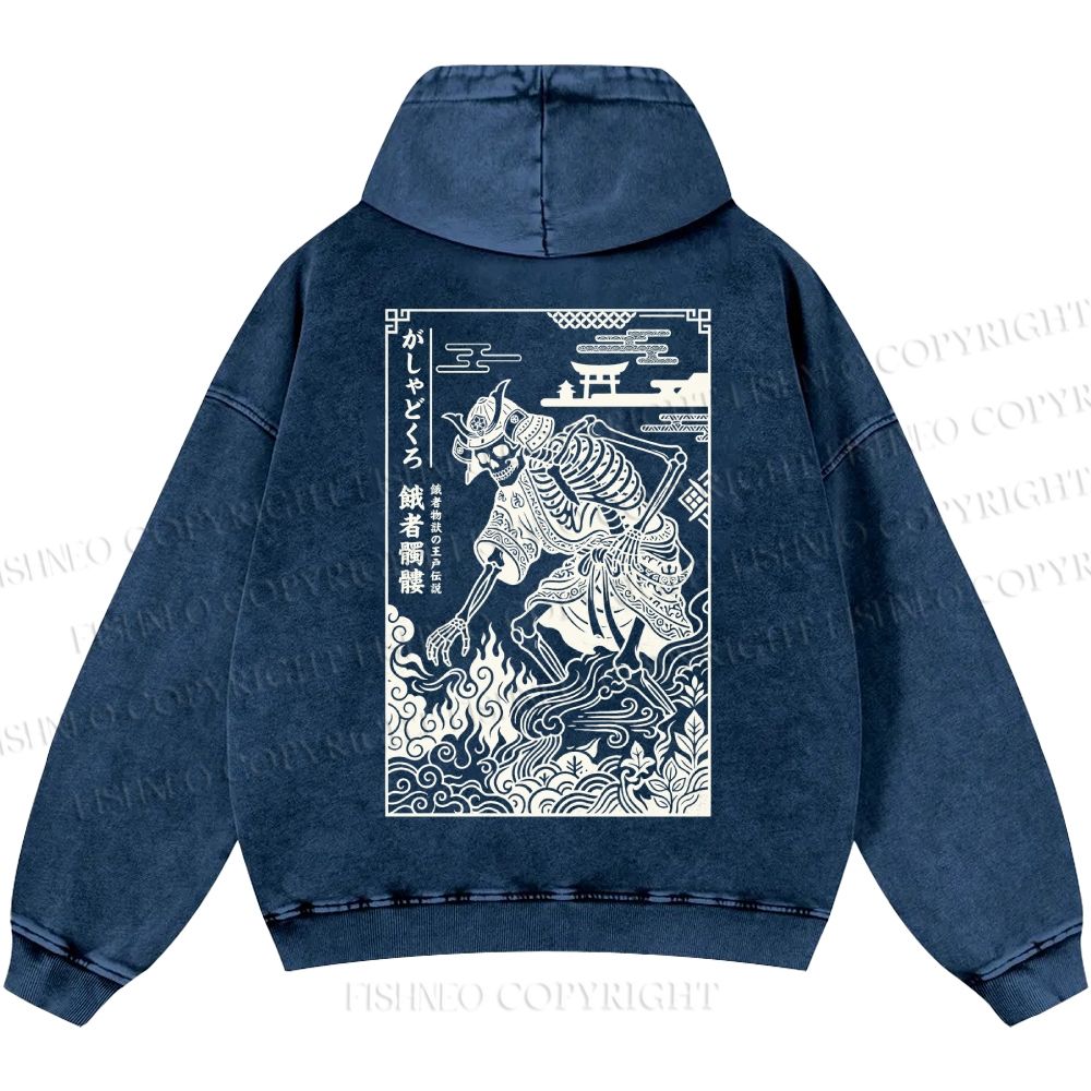 Unisex Casual Gashadokuro Ukiyo-e Skeleton Samurai Printed Double-sided Washed Hoodie