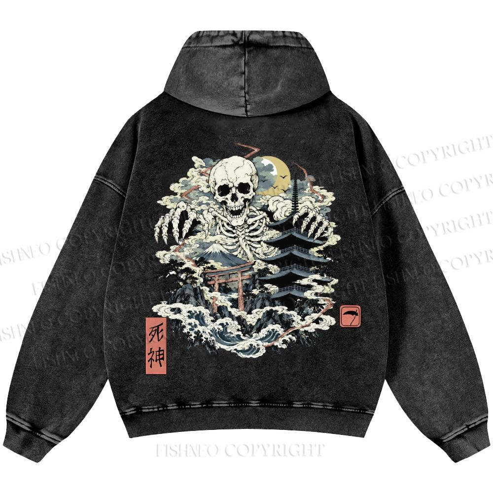 Unisex Casual Shinigami Printed Double-sided Washed Hoodie