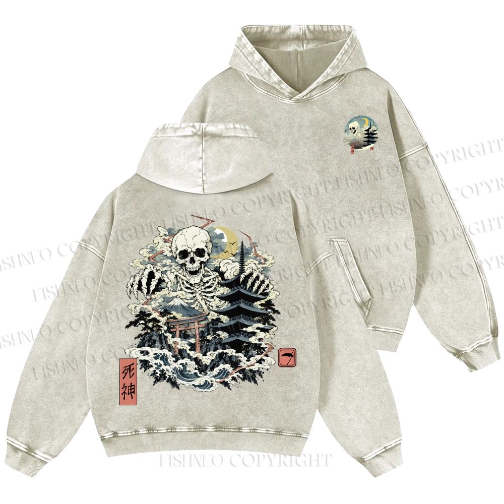 Unisex Casual Shinigami Printed Double-sided Washed Hoodie