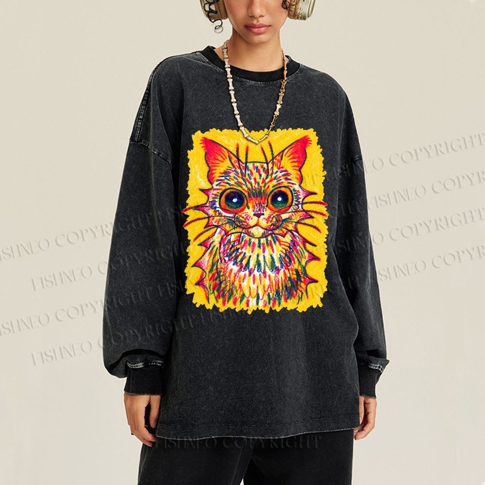 Unisex Furry Multicolored Cat Casual Washed Printed Long Sleeve T-shirt