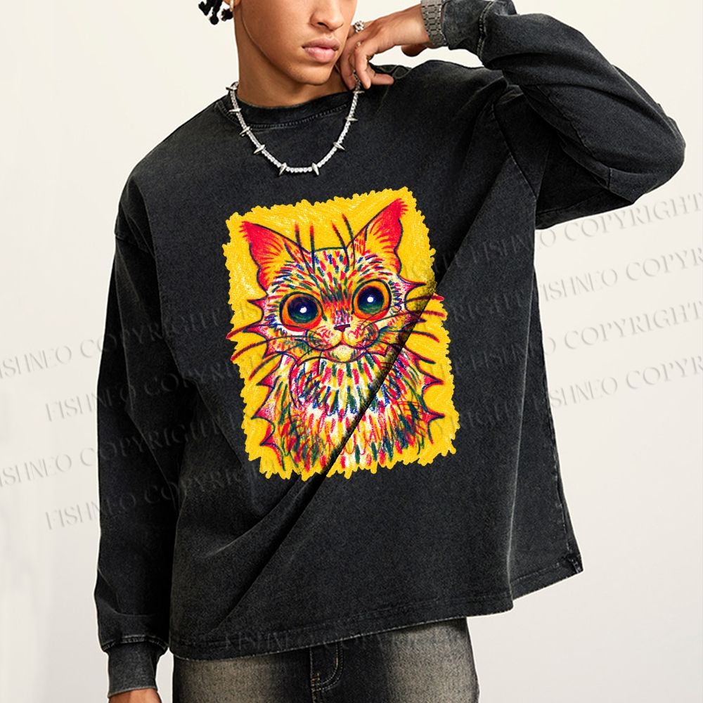 Unisex Furry Multicolored Cat Casual Washed Printed Long Sleeve T-shirt