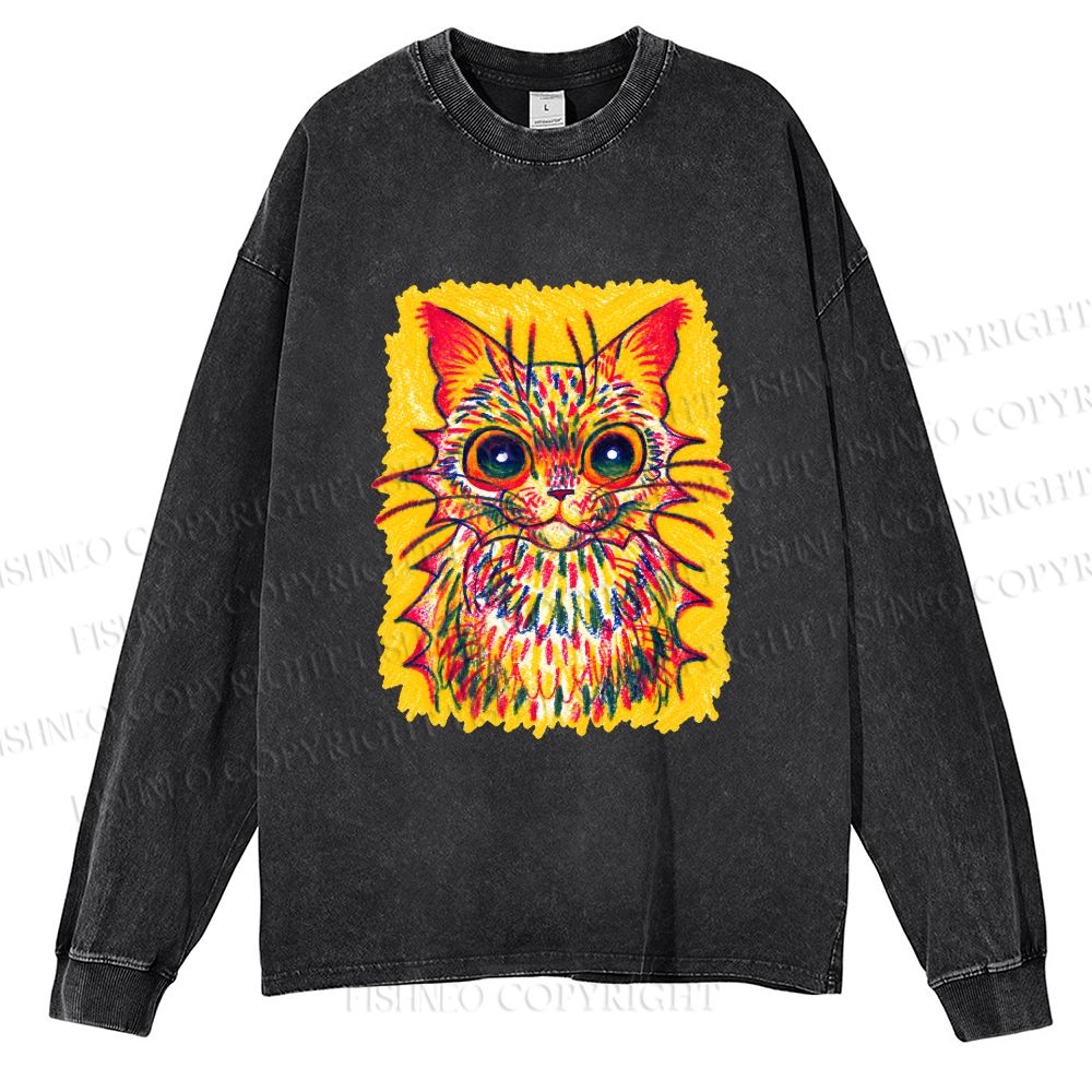 Unisex Furry Multicolored Cat Casual Washed Printed Long Sleeve T-shirt