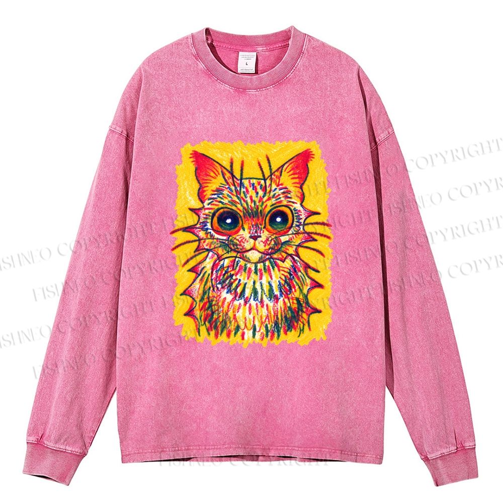 Unisex Furry Multicolored Cat Casual Washed Printed Long Sleeve T-shirt