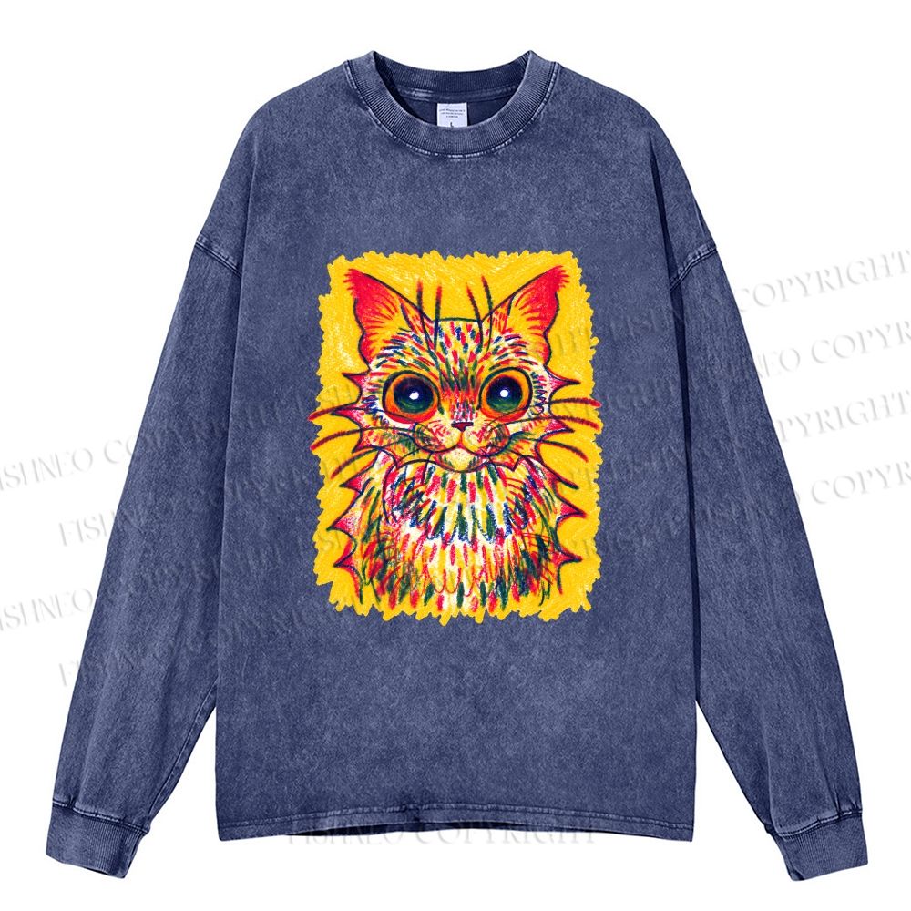 Unisex Furry Multicolored Cat Casual Washed Printed Long Sleeve T-shirt