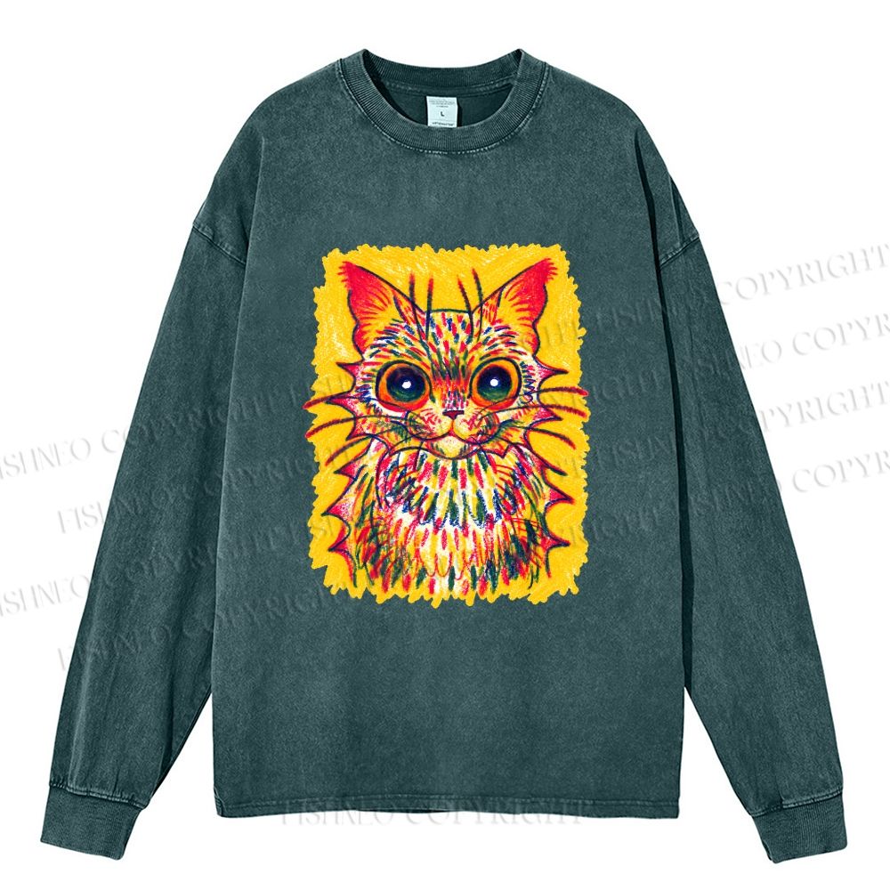 Unisex Furry Multicolored Cat Casual Washed Printed Long Sleeve T-shirt