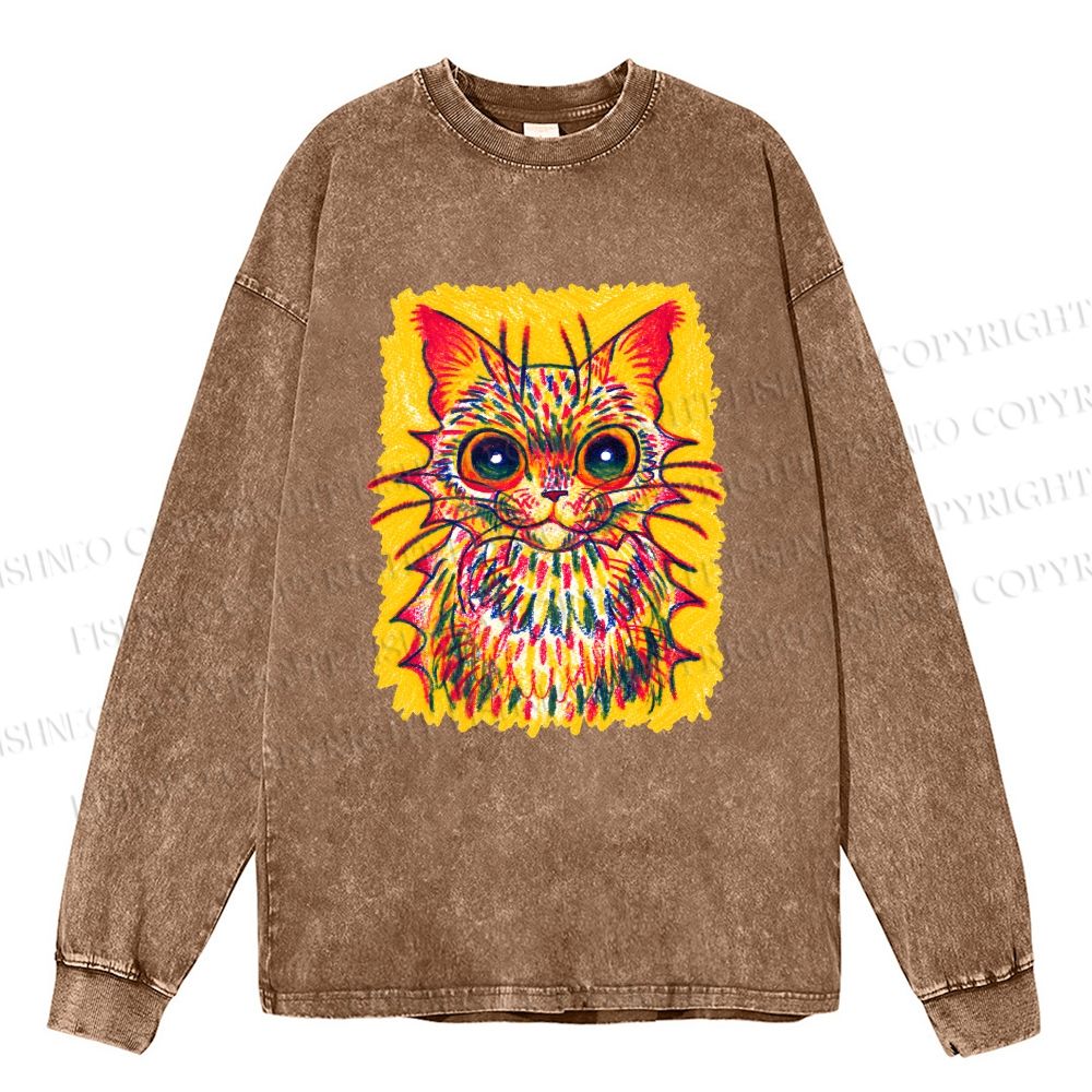 Unisex Furry Multicolored Cat Casual Washed Printed Long Sleeve T-shirt