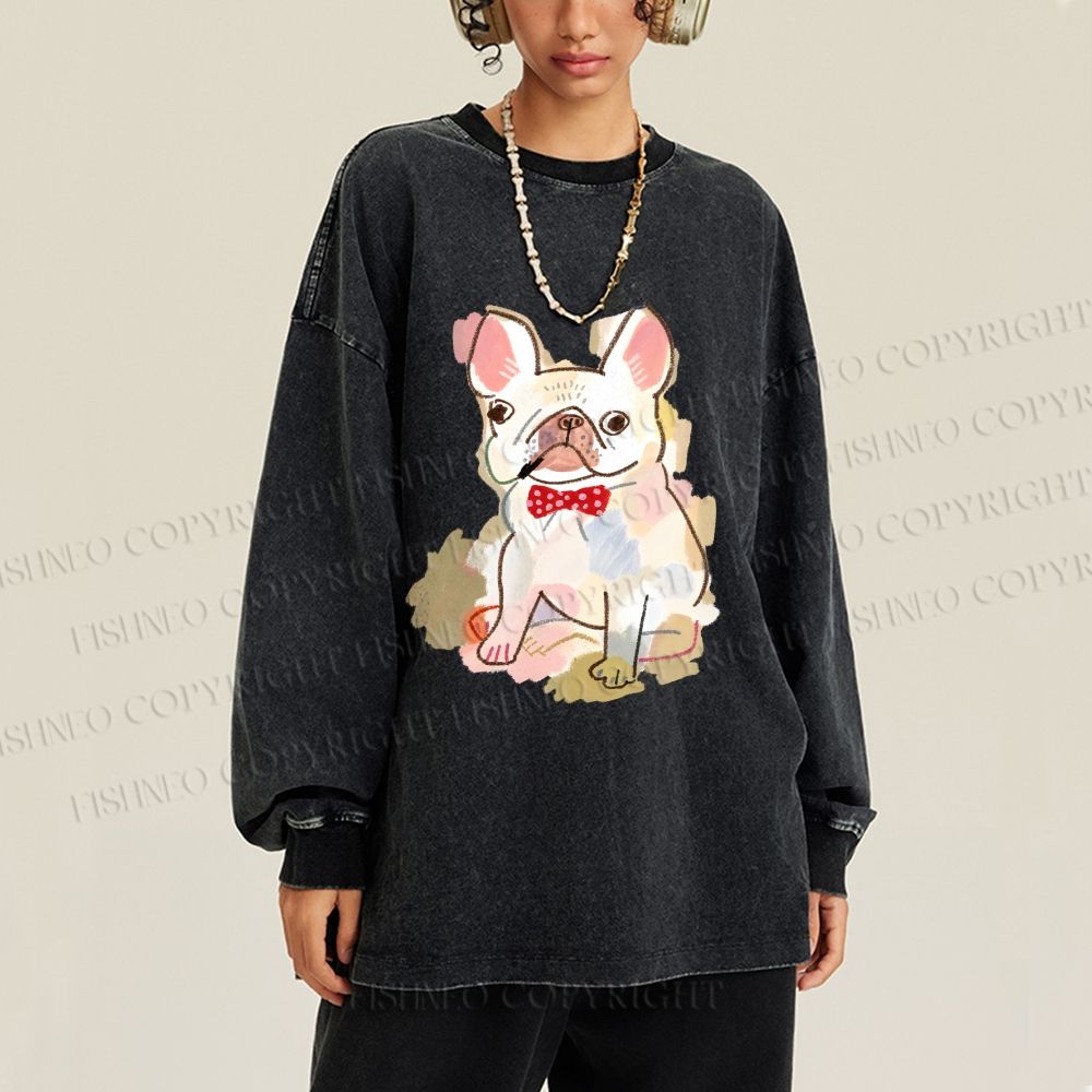 Unisex French Bulldog Crayon Drawing Casual Washed Printed Long Sleeve T-shirt