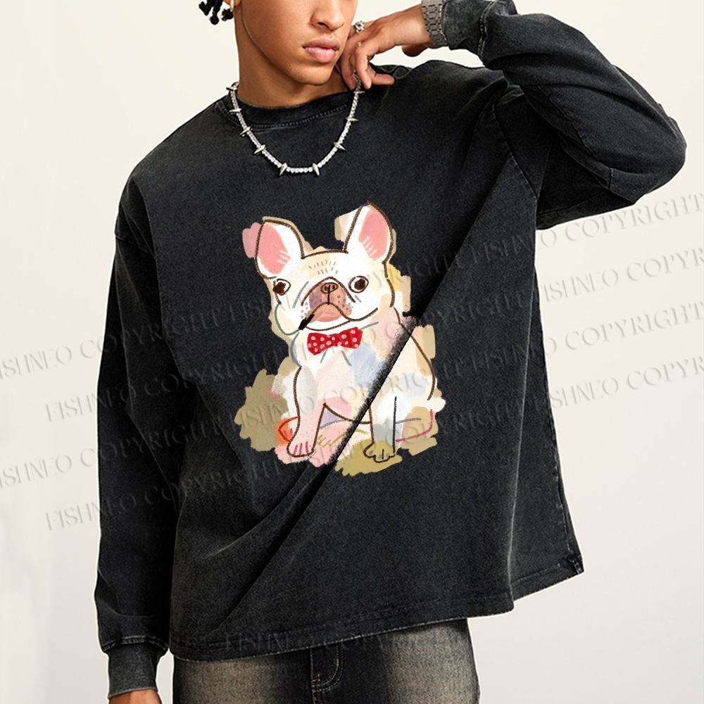 Unisex French Bulldog Crayon Drawing Casual Washed Printed Long Sleeve T-shirt