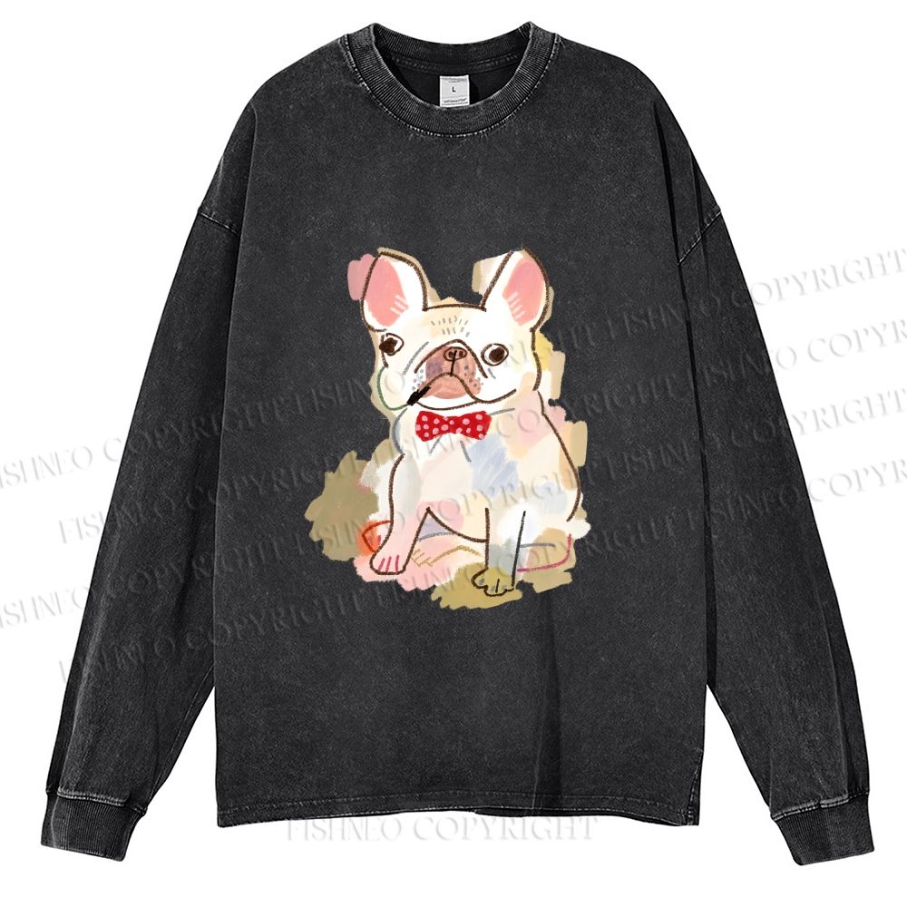 Unisex French Bulldog Crayon Drawing Casual Washed Printed Long Sleeve T-shirt