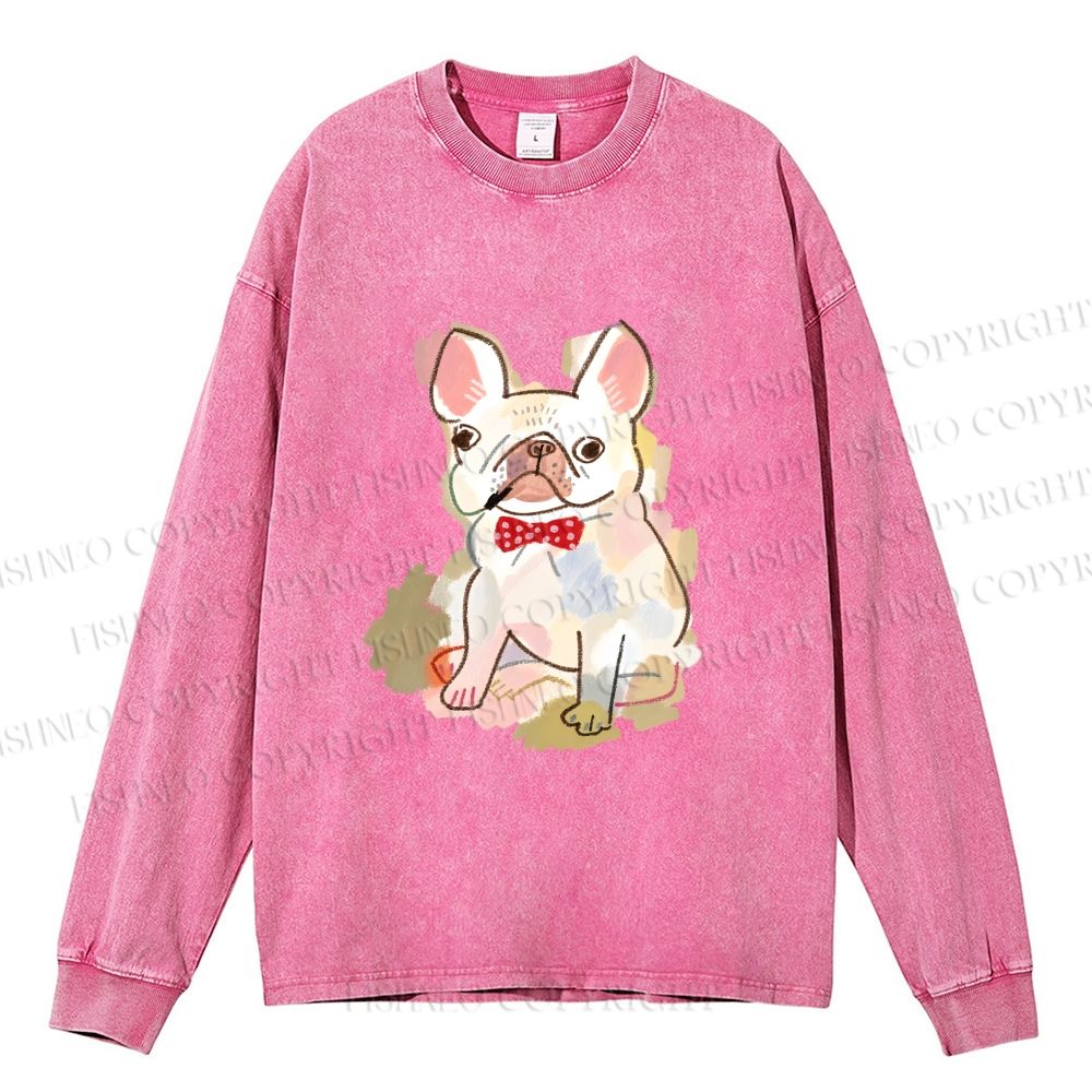 Unisex French Bulldog Crayon Drawing Casual Washed Printed Long Sleeve T-shirt