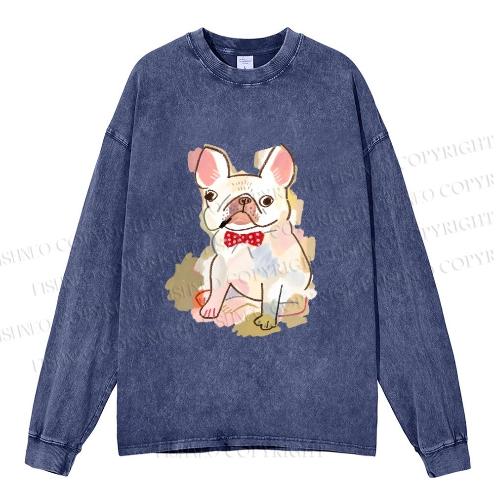 Unisex French Bulldog Crayon Drawing Casual Washed Printed Long Sleeve T-shirt