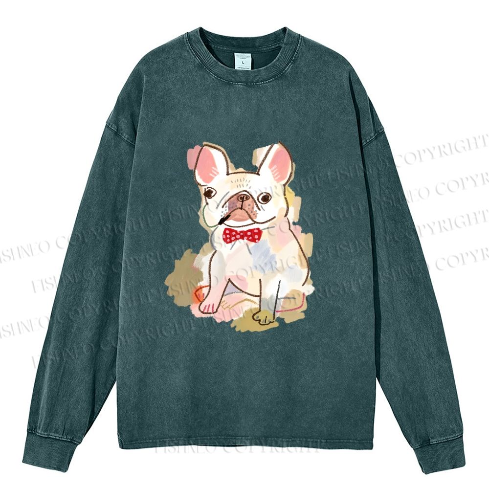 Unisex French Bulldog Crayon Drawing Casual Washed Printed Long Sleeve T-shirt