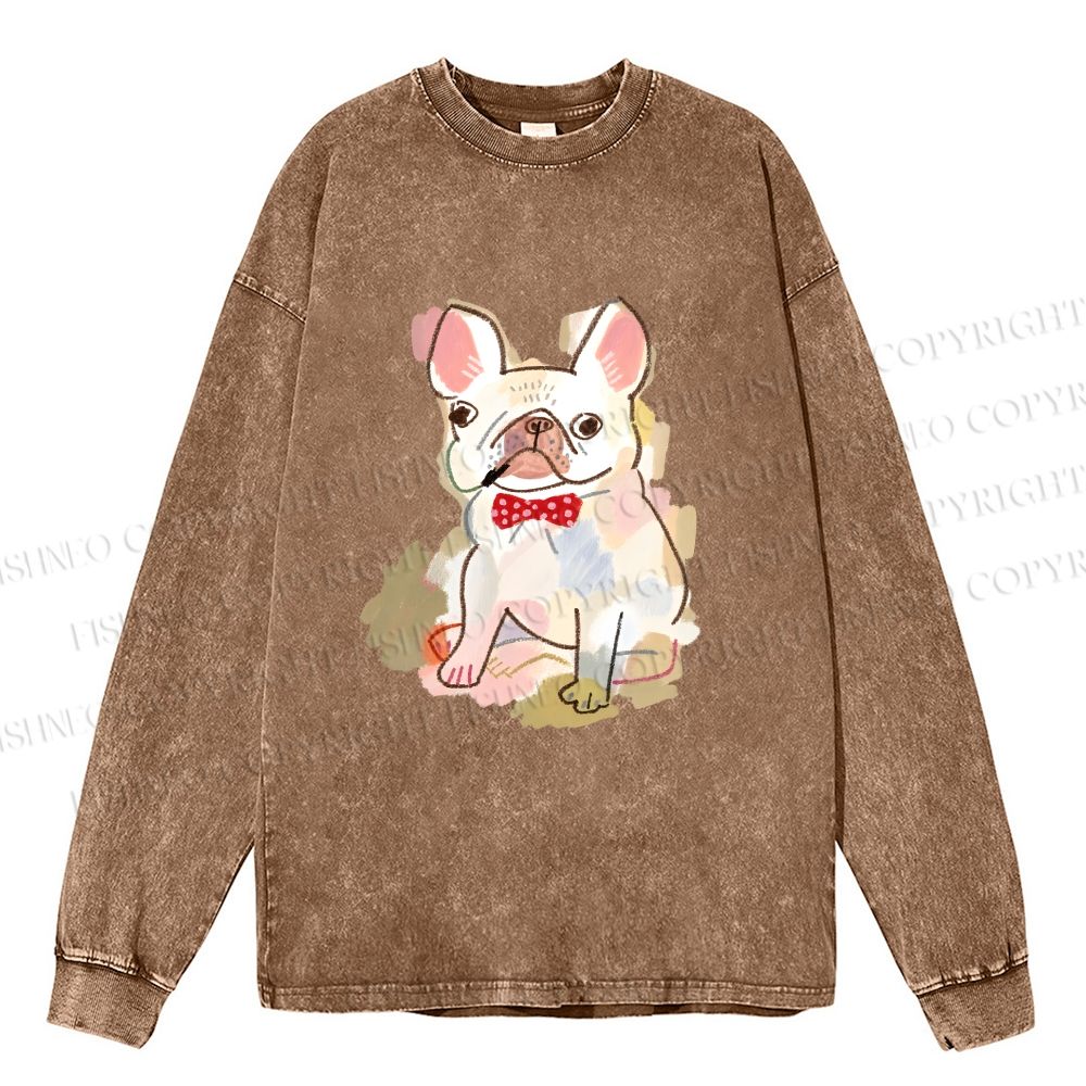 Unisex French Bulldog Crayon Drawing Casual Washed Printed Long Sleeve T-shirt