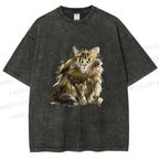 Unisex Fuury Cat Sketch Printed Washed Tee