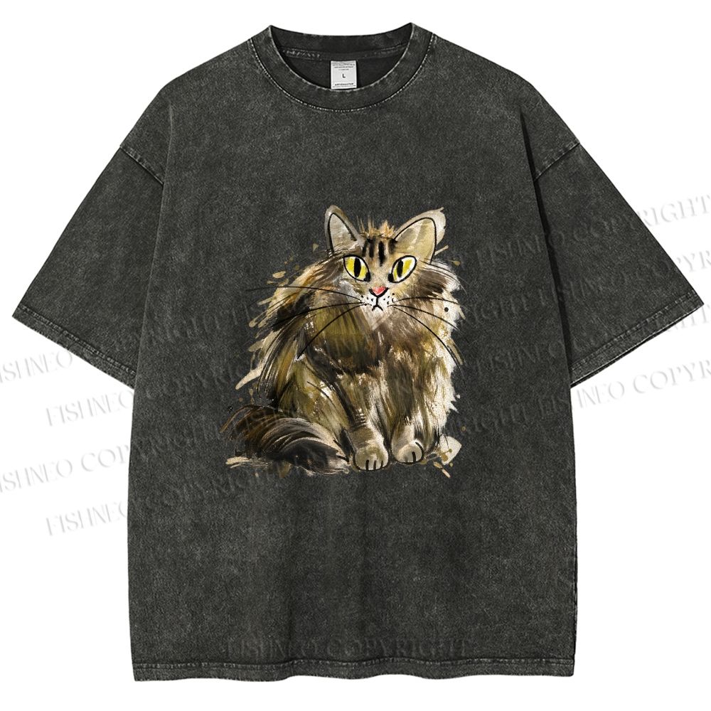 Unisex Fuury Cat Sketch Printed Washed Tee