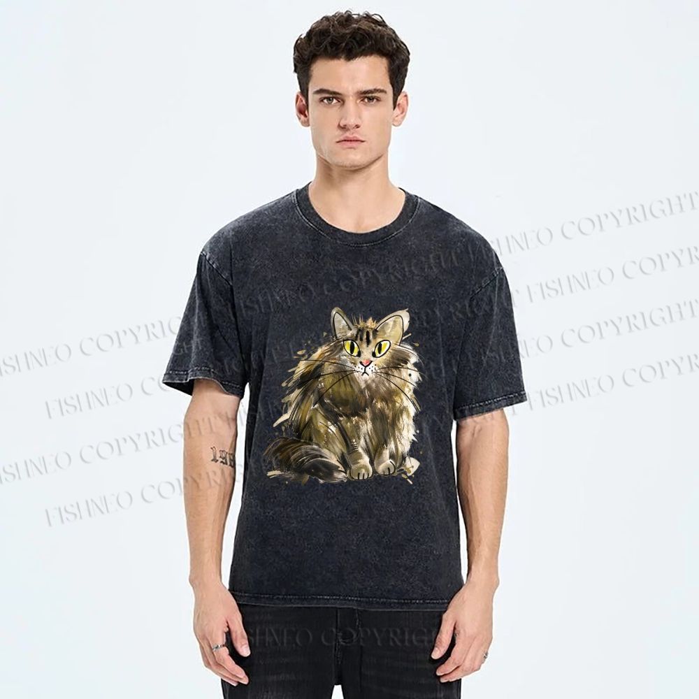 Unisex Fuury Cat Sketch Printed Washed Tee
