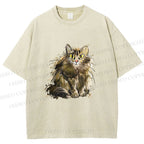 Unisex Fuury Cat Sketch Printed Washed Tee