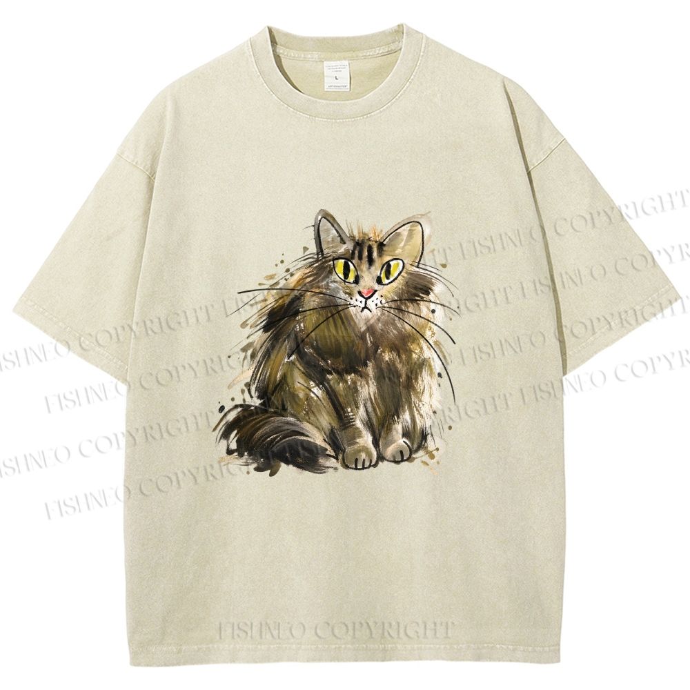 Unisex Fuury Cat Sketch Printed Washed Tee