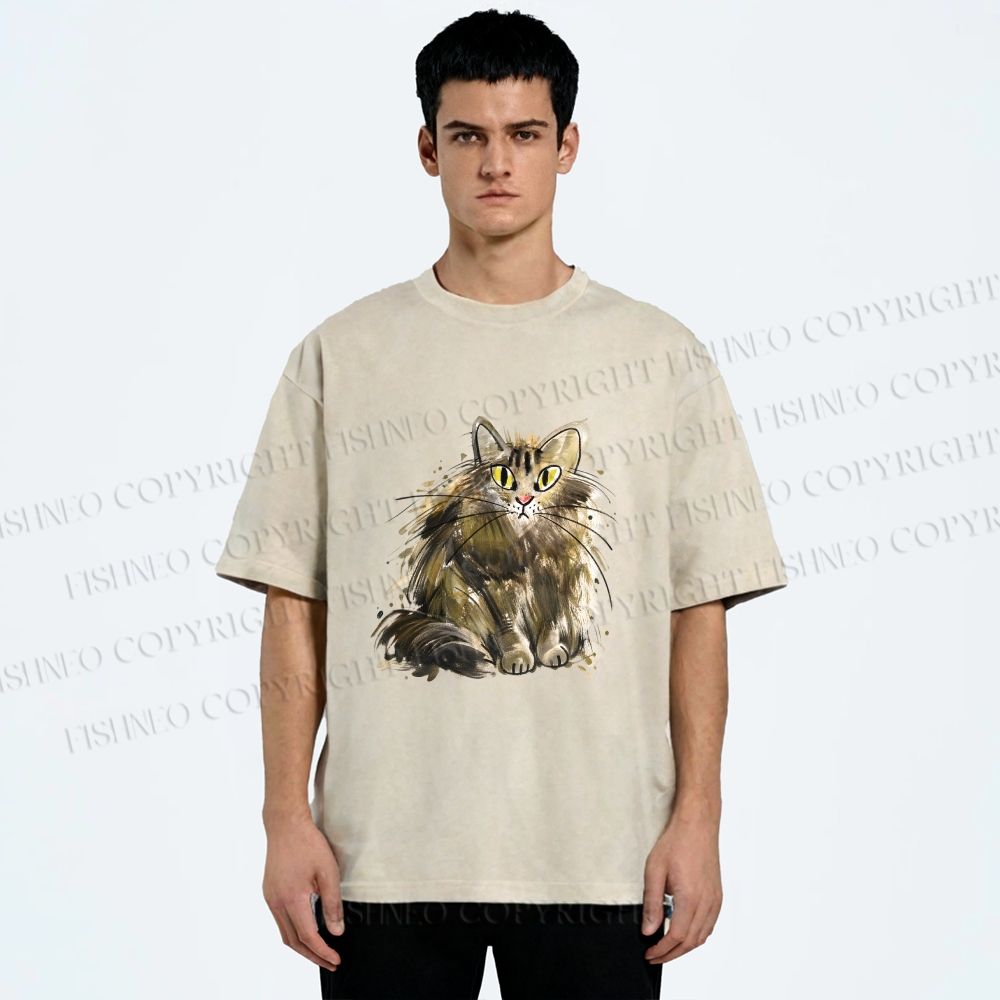 Unisex Fuury Cat Sketch Printed Washed Tee