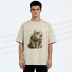 Unisex Fuury Cat Sketch Printed Washed Tee