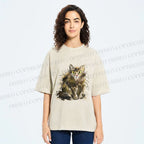 Unisex Fuury Cat Sketch Printed Washed Tee