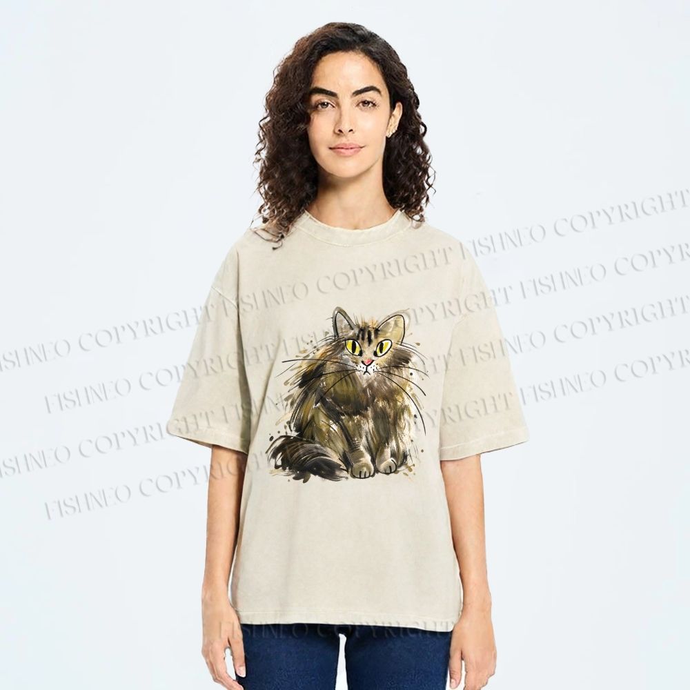 Unisex Fuury Cat Sketch Printed Washed Tee