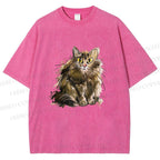 Unisex Fuury Cat Sketch Printed Washed Tee
