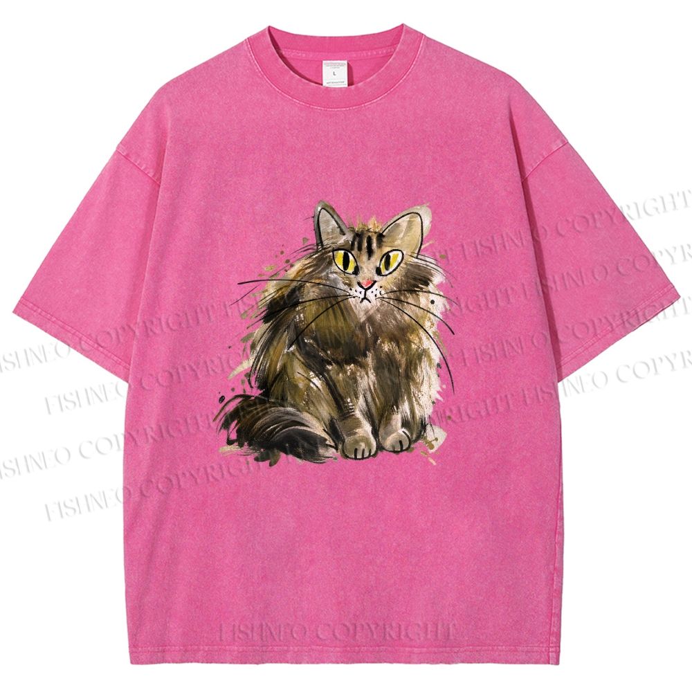 Unisex Fuury Cat Sketch Printed Washed Tee