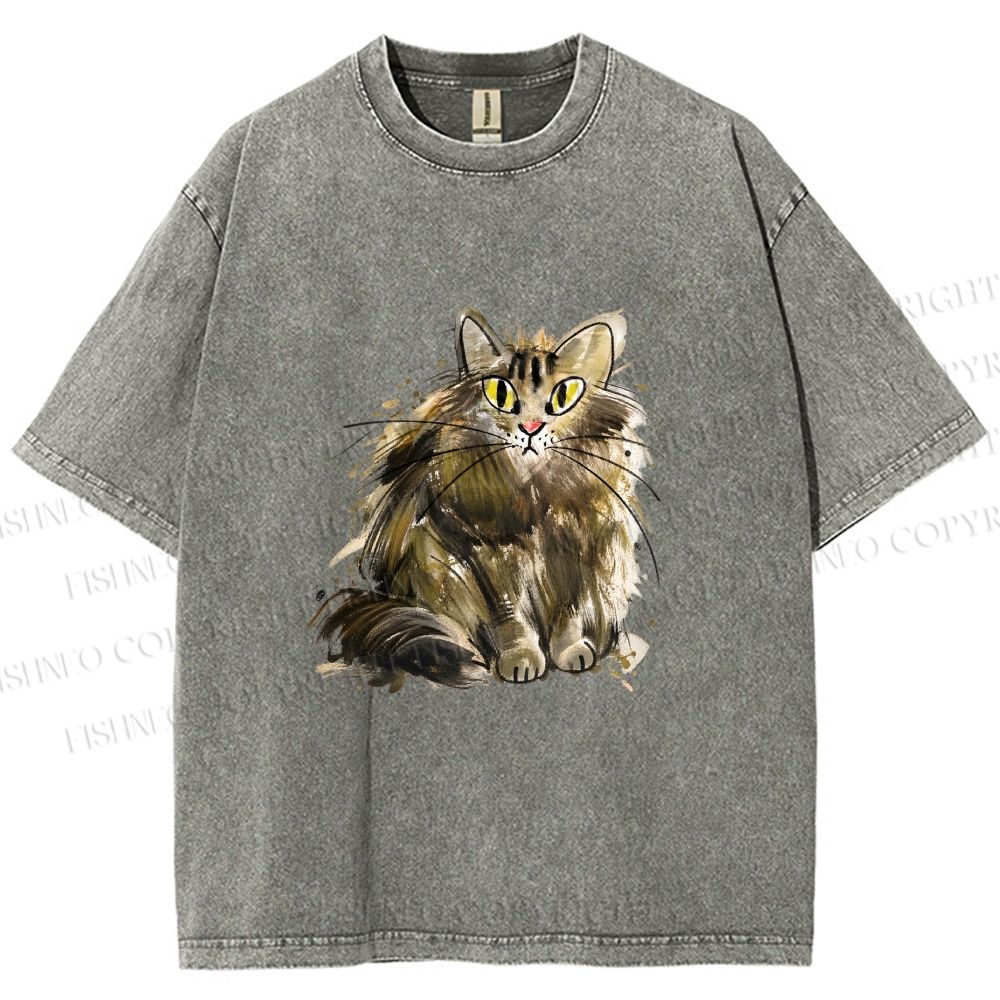 Unisex Fuury Cat Sketch Printed Washed Tee