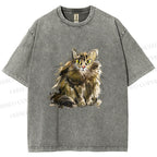Unisex Fuury Cat Sketch Printed Washed Tee