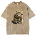 Unisex Fuury Cat Sketch Printed Washed Tee
