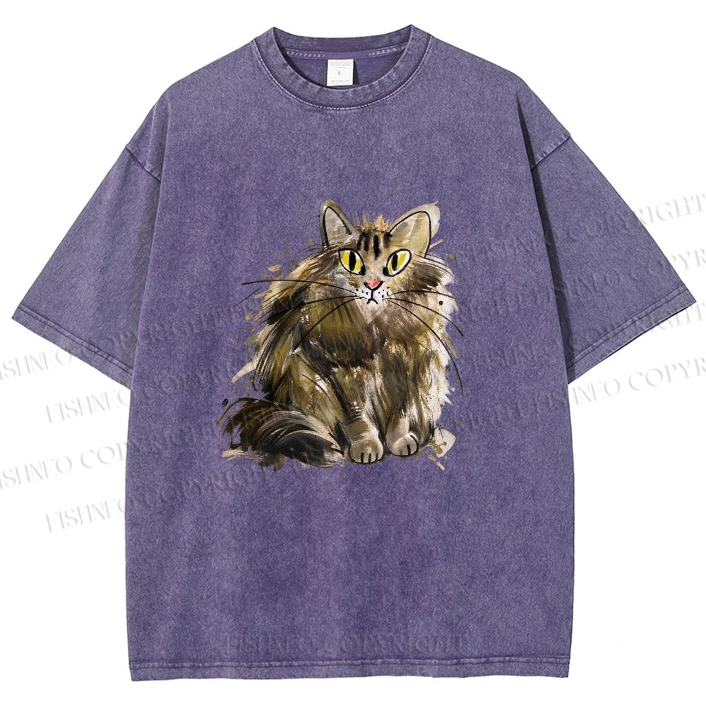 Unisex Fuury Cat Sketch Printed Washed Tee