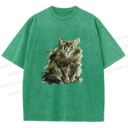 Unisex Fuury Cat Sketch Printed Washed Tee