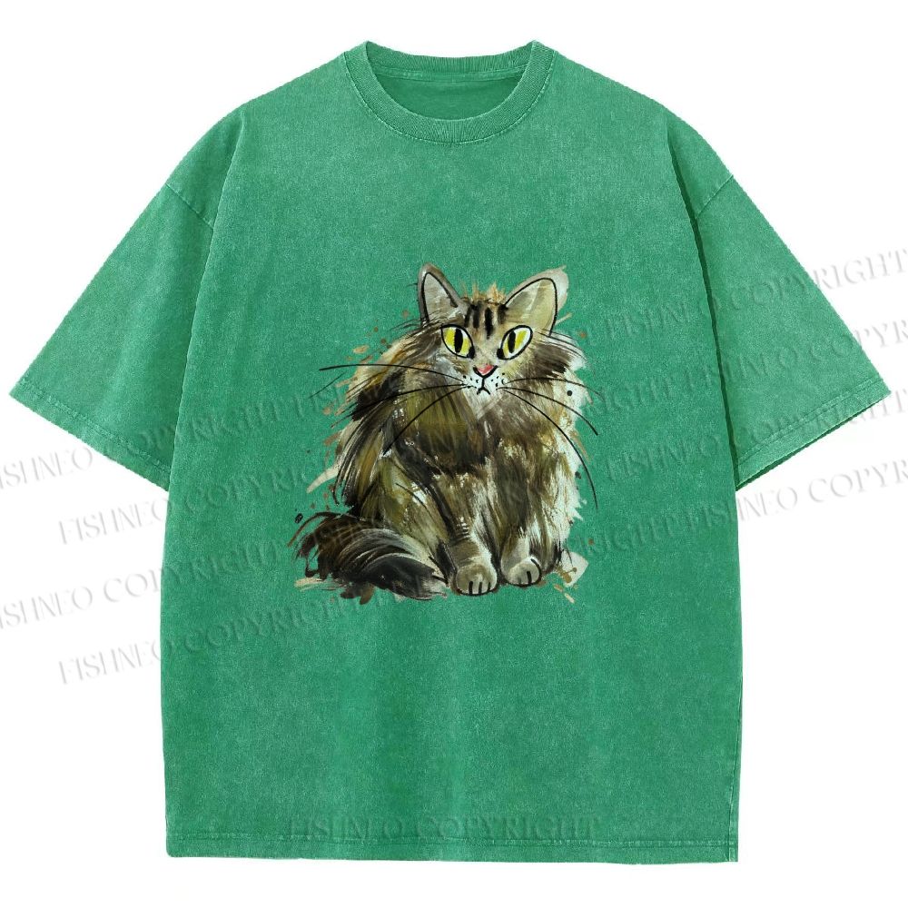Unisex Fuury Cat Sketch Printed Washed Tee