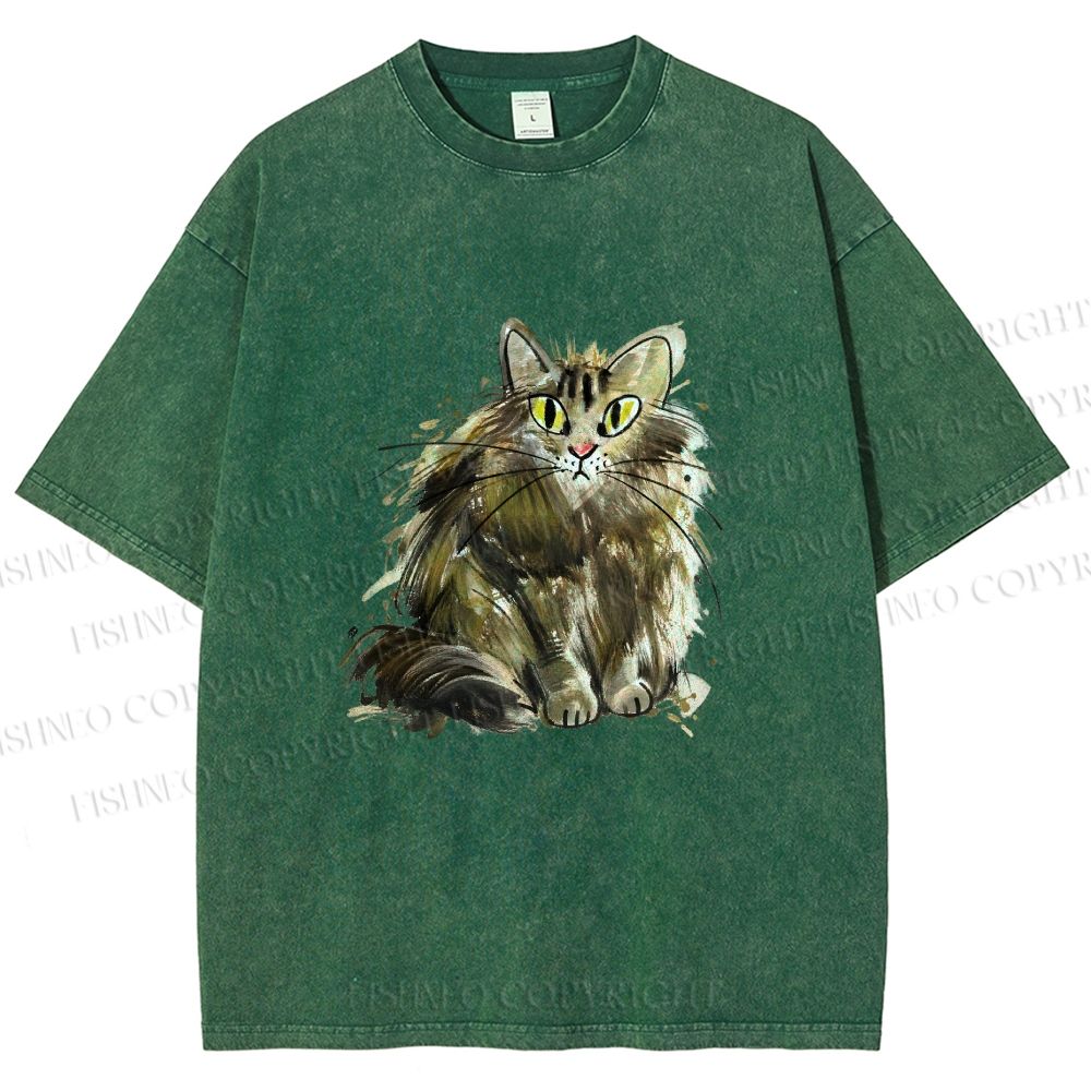 Unisex Fuury Cat Sketch Printed Washed Tee