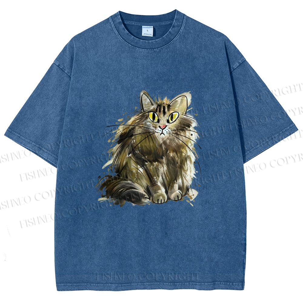 Unisex Fuury Cat Sketch Printed Washed Tee
