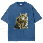 Unisex Fuury Cat Sketch Printed Washed Tee