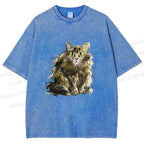 Unisex Fuury Cat Sketch Printed Washed Tee