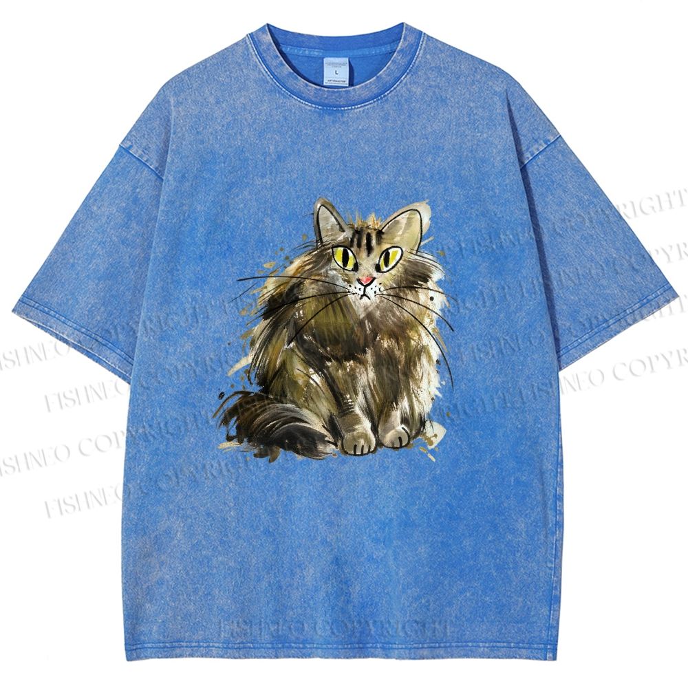 Unisex Fuury Cat Sketch Printed Washed Tee
